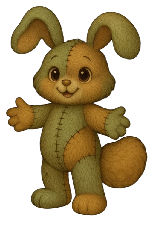 Anomaly resembling a soft doll assembled from mismatched fabric parts and thread, smiling with a crooked seam.