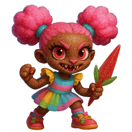 Small humanoid anomaly with catlike posture, holding candy with taped knuckles.