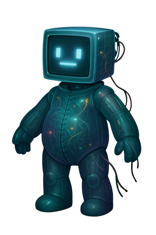 Digital humanoid composed of glowing audio cables and broken circuit plating, surrounded by speaker debris.