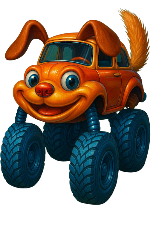 Large wheeled machine with dog-like shape, armored plating, and expressive head array.