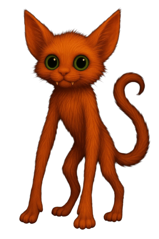 Tall-limbed catlike anomaly suspended from a ceiling grid, limbs bent at unnatural angles.