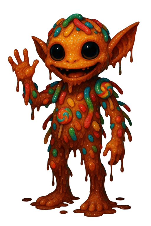 Sticky Bloom anomaly with gummy limbs, crystalline sugar clusters, and syrup trail.