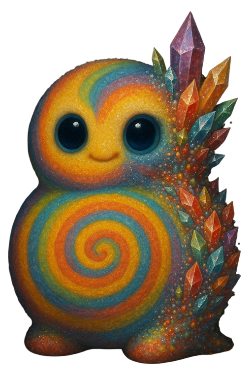 Floating rainbow sugarcloud with sharp crystalline spikes emerging from its core.