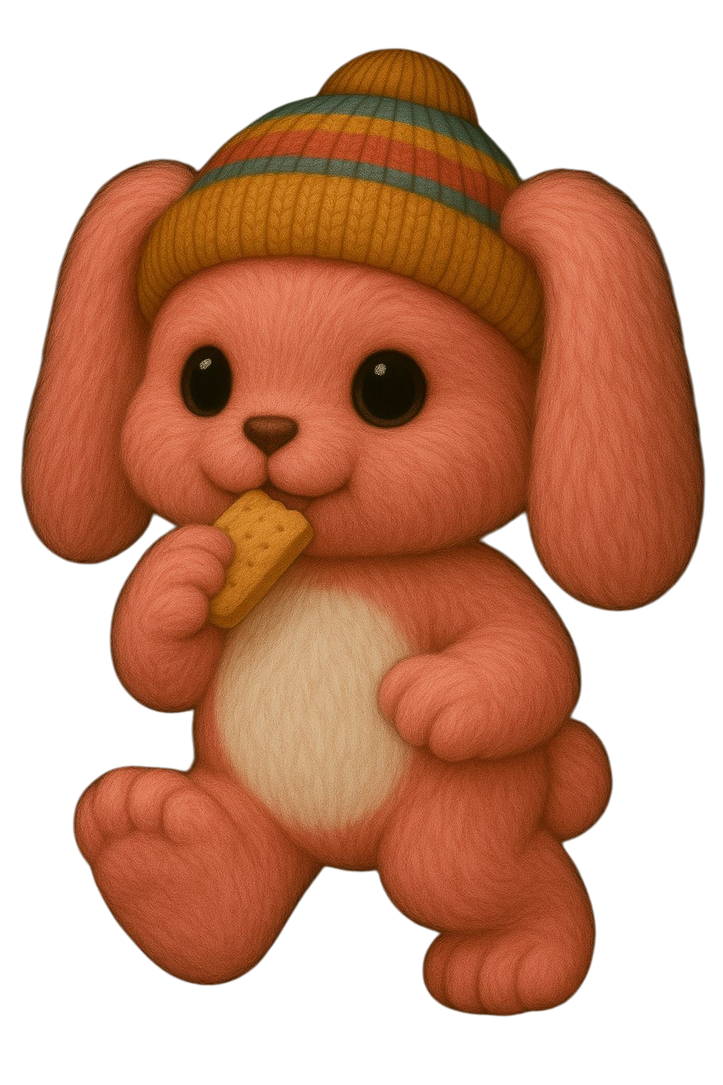 Fluffy pink bunny anomaly wearing a knit cap, surrounded by distorted candy residue.