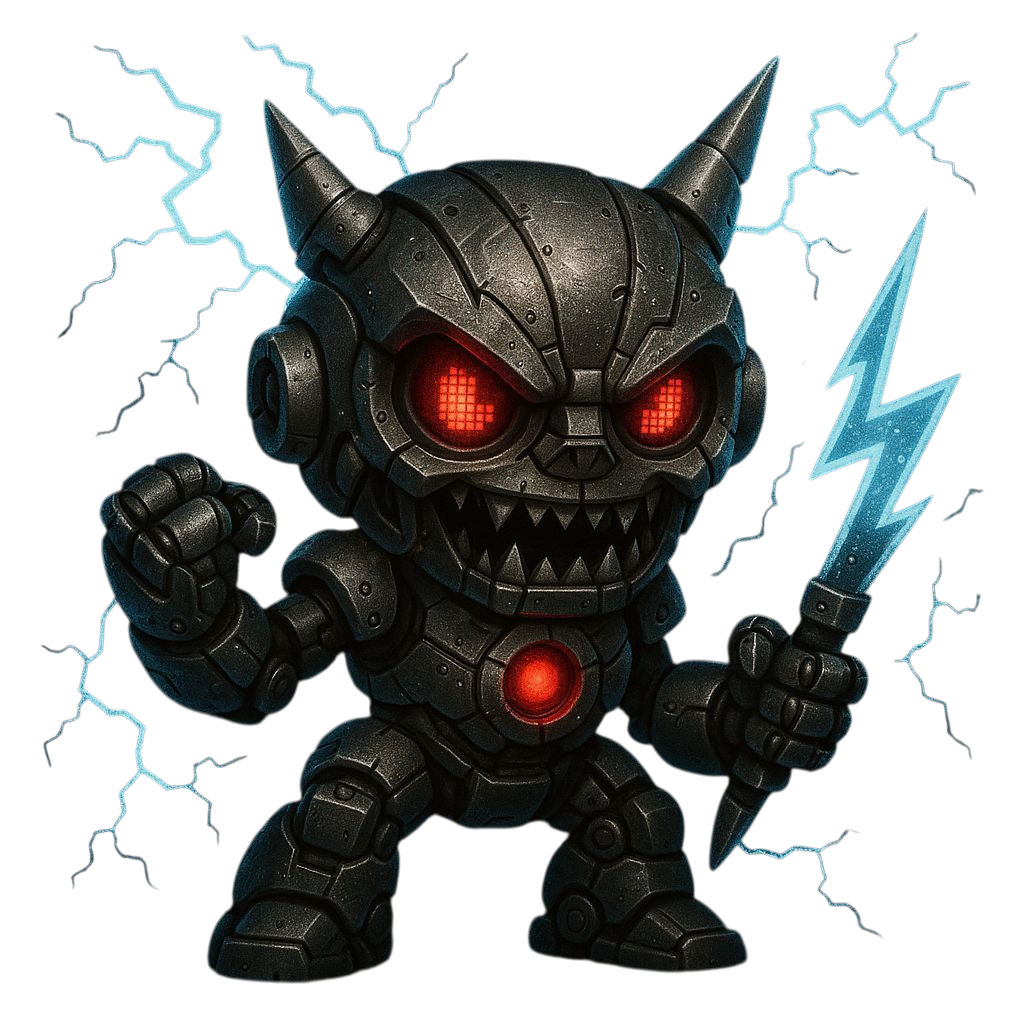Scrap-framed humanoid with bladed limbs, partially embedded in rusted walls.
