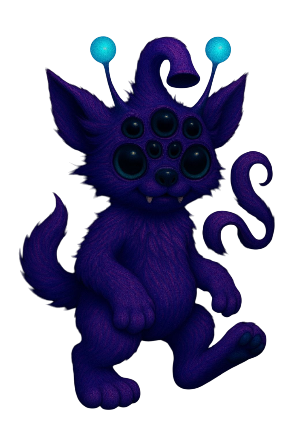 Furry multi-eyed creature with glowing antennae and a gently looming form.