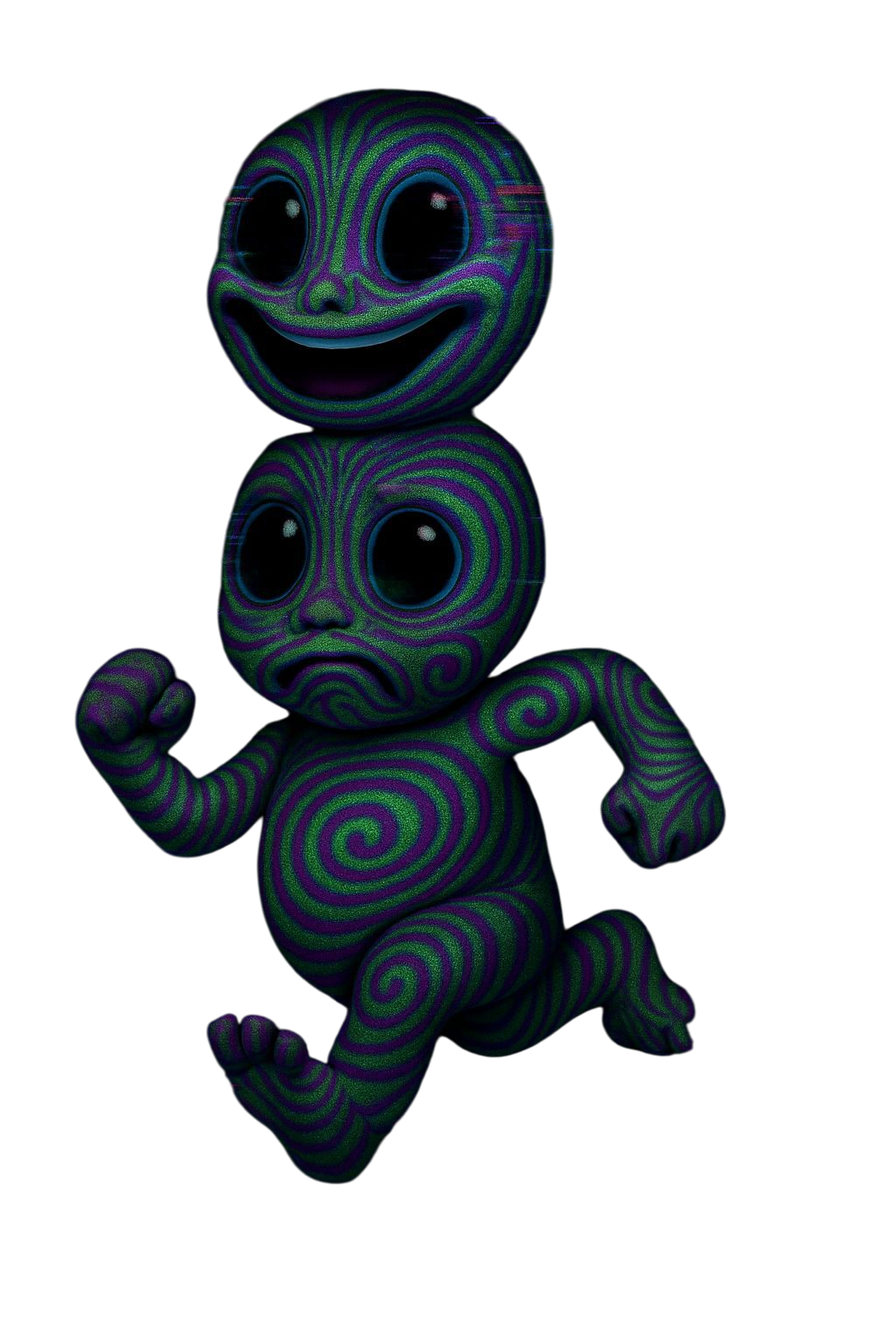 Two-headed glitch anomaly, one panicked and one grinning, both flickering with corrupted geometry.
